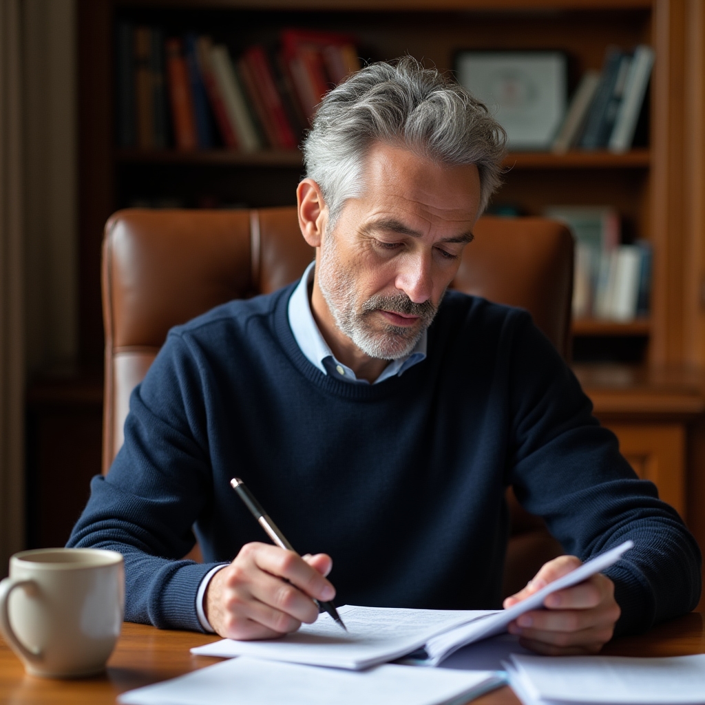Adult de 40 de ani citind materiale de curs la o masă de lemn, expresie concentrată